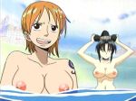 big_breasts breasts female_nudity nami nami_(one_piece) nude nude_filter one_piece orange_eyes orange_hair photoshop skinny_dipping straw_hat_pirates swimming 