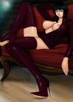  1girl arm_behind_head bangs black_hair blue_eyes blunt_bangs boots breasts breasts_outside couch dress from_side grin half-closed_eyes high_heel_boots high_heels hourglass_figure huge_breasts indoors knee_up komii large_breasts legs_crossed long_sleeves looking_to_the_side nico_robin nipples no_bra one_piece open_clothes open_dress purple_boots purple_legwear reclining revision shoes short_dress short_hair smile solo stiletto_heels straw_hat_pirates thigh_boots thighhighs zettai_ryouiki 