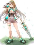  1girl 1girl absurd_res aegis_sword_(xenoblade) bare_legs bare_shoulders big_breasts blonde_hair chest_jewel cleavage cleavage_cutout clothing_cutout dress earrings elbow_gloves gem gloves headpiece high_res jewelry long_hair mythra sail_(sail-away) short_dress swept_bangs thigh_strap thighs tiara very_long_hair white_dress white_footwear white_gloves xenoblade_(series) xenoblade_chronicles_2 yellow_eyes 