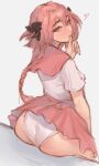  1boy ass astolfo_(fate) astolfo_(sailor_paladin)_(fate) bad_id bad_twitter_id biting black_bow black_ribbon bow braid come_hither commentary dress english_commentary fate/grand_order fate_(series) frilled_panties frills grey_background hair_intakes hair_ribbon hand_up heart high_res long_braid long_hair looking_at_viewer male_focus nat_the_lich natthelich official_alternate_costume open_mouth otoko_no_ko panties pantyshot pink_hair pink_skirt purple_eyes ribbon sailor_dress school_uniform seductive_look signature simple_background single_braid sitting sitting_on_object skirt standing thumb_biting underwear white_panties 