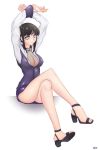 1girl blue_eyes breasts cleavage crossed_legs feet female_only fishnet high_heels hinata_hyuuga khalitzburg legs legs_crossed naruto open_shoes sandals shoes sitting smile toes