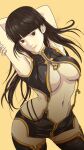 1girl alluring bare_shoulders black_hair breasts brown_eyes dead_or_alive from_above high_res lei_fang long_hair microskirt skirt sleeveless stockings tecmo tennessee999_(3324973) under_boob user_tggn7272_(3324973) w zipper