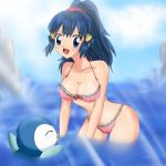  1girl alluring arm arms art artist_request babe bare_legs bare_shoulders beach big_breasts bikini blue_eyes blue_hair blush breasts cleavage closed_eyes cloud collarbone dawn female hair hair_ornament halterneck happy hikari_(pokemon) large_breasts leaning leaning_forward legs long_hair looking_at_viewer midriff neck nintendo open_mouth pink_bikini pink_swimsuit piplup pokemon pokemon_(anime) pokemon_(game) pokemon_dppt ponytail ribbon rock scrunchie sky smile standing stone sunlight swimsuit water wet 