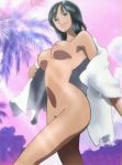 1girl arched_back arm armpits art artist_request babe bare_legs bare_shoulders big_breasts black_hair breasts breasts_apart cloud female from_above from_below hair hime_cut large_breasts legs looking_at_viewer navel neck nico_robin nipples nude off_shoulder one_piece palm_tree short_hair sky smile solo tree undressing walking 
