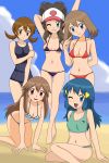 5_girls 5girls :d ;d all_fours alluring alternate_costume aqua_bikini aqua_swimsuit arm arm_behind_back arm_behind_head arm_grab arm_support armpits arms arms_up art babe bare_legs bare_shoulders baseball_cap beach big_breasts bikini black_hair black_swimsuit blue_(pokemon) blue_eyes blue_hair blue_swimsuit blush breasts brown_eyes brown_hair cleavage clenched_teeth cloud collarbone competition_swimsuit creatures_(company) crossed_legs dawn_(pokemon) female female_only female_protagonist_(pokemon_rgby) finger_to_face game_freak green_bikini green_swimsuit grin hair hair_between_eyes hair_ornament happy haruka_(pokemon) hat head_tilt headgear highres hikari_(pokemon) humans_of_pokemon kotone_(pokemon) kuro_hopper leaf_(pokemon) legs legs_crossed light_brown_hair light_smile long_hair looking_at_viewer low_twintails lowleg lowleg_bikini may_(pokemon) micro_bikini midriff mound_of_venus multiple_girls navel neck nintendo ocean one-piece_swimsuit open_mouth outside piplup pointing pokemon pokemon_(anime) pokemon_(game) pokemon_black_and_white pokemon_bw pokemon_diamond_pearl_&amp;_platinum pokemon_dppt pokemon_firered_and_leafgreen pokemon_frlg pokemon_heartgold_and_soulsilver pokemon_hgss pokemon_red_green_blue_&amp;_yellow pokemon_rgby pokemon_rse ponytail purple_bikini purple_swimsuit red_bikini red_eyes red_swimsuit sand sea short_hair sitting sky small_breasts smile sports_bikini standing striped striped_bikini striped_swimsuit swimsuit teeth touko_(pokemon) video_game_character water wide_hips wink
