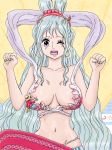 1boy 1girl blue_hair bra clenched_hand earrings erect_nipples extreme_size_difference fist giantess hat jeljuel jewelry larger_female lingerie long_hair macrophilia mermaid microphilia midriff monkey_d._luffy monster_girl mound_of_venus nipples one_piece open_mouth shirahoshi size_difference smaller_male straw_hat straw_hat_pirates sucking tears underwear wink
