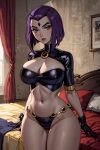  1girl ai_generated bedroom big_breasts cameltoe dc_comics midriff navel raven_(dc) seductive_look short_hair teen_titans the_hotshot thick_thighs wide_hips young_adult 