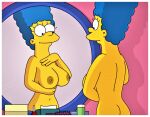  ass blue_hair breasts erect_nipples marge_simpson mirror mirror_reflection nude the_simpsons yellow_skin 