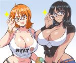  2_girls alluring big_breasts bitch blonde blue_eyes bocodamondo bracelet breasts cleavage clothed curvy dark_hair glasses looking_at_viewer midriff nami nami_(one_piece) nico_robin non-nude one_piece orange_eyes orange_hair posing sexy sleeveless slut smile standing stomach straw_hat_pirates tank_top tattoo tattooed_arm thick tongue 
