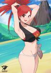  1girl alluring beach big_breasts bikini cleavage crop_top flannery kaos_art nintendo ocean pokemon pokemon_(anime) pokemon_rse pokemon_rse_(anime) red_hair 