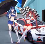 2girls alluring blue_eyes blue_hair boots breasts car checkered_flag cleavage commission cropped_jacket elbow_gloves female_only fire_emblem fire_emblem_awakening flag gloves headset high_res holding holding_flag holding_umbrella hooters igni_tion long_hair looking_at_viewer lucina lucina_(fire_emblem) motor_vehicle multiple_girls multiple_straps nascar nintendo parasol race_queen race_vehicle racecar racetrack red_eyes red_hair severa_(fire_emblem) sitting_on_car skirt stockings umbrella