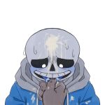 2022 animated_skeleton anon blue_blush blue_hoodie blue_jacket blue_tongue blush bottom_sans clothed cum_on_face drooling grabbed_from_behind grabbing_tongue hand hooded_jacket hoodie jacket logo_(pixiv30462562) looking_down monster pixiv_id_30462562 pov sans sans_(undertale) skeleton sweat tongue tongue_out uke_sans undead undertale undertale_(series) unseen_character white_background