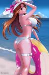  1girl 1girl 1girl alluring ass beach big_breasts bikini bleach blush bracelets breasts clouds female_only floater hat holding_object inoue_orihime long_hair looking_at_viewer ocean one_arm_up orange_hair posing rozuberry sand sideboob sky thigh_strap water 