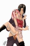 1boy 1girl arm_warmers artist_name bad_anatomy bare_shoulders black_boots black_hair blush boots clothed_sex erection finger_in_mouth green_eyes half-closed_eyes headband headdress highres itachi_uchiha knee_boots konohagakure_symbol leg_lift looking_at_viewer miniskirt naruto naruto_shippuuden one_eye_closed open_mouth pants pants_pull parted_lips penis pink_hair pink_skirt pussy rape red_eyes red_shirt sakura_haruno saliva sex shirt short_hair skirt sleeveless sleeveless_shirt smile spread_legs squirm squirming tabe tabe-chan tabe_(artist) uncensored vaginal veins veiny_penis zipper