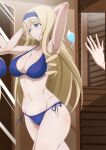  1girl 1girl 1girl alluring big_breasts big_breasts big_breasts blonde_hair blue_bikini blue_eyes breasts cecilia_alcott cleavage drill_hair hair_bow infinite_stratos legs long_hair mirror navel pose posing reflection sensual smile the_amazing_gambit thighs voluptuous 