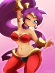  1girl alfa995 arm_up blue_eyes blush breasts cleavage collar dancer earrings jewelry large_breasts looking_at_viewer navel one_eye_closed pants pointy_ears ponytail purple_hair shantae shantae_(character) smile wide_hips 