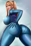  1girl abstract_background ass big_ass big_breasts blonde_hair blue_eyes blue_suit bodysuit breasts cleavage curvy dat_ass deviantart female_only flowerxl hand_on_butt huge_ass looking_at_viewer looking_back metroid nintendo pinup ponytail rear_view red_lipstick samus_aran zero_suit 