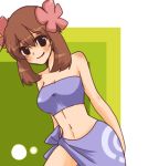 1_girl 1girl arm arms art artist_request babe bare_shoulders black_eyes blush breasts brown_hair cleavage cosplay elite_four female fuyou_(pokemon) fuyou_(pokemon)_(cosplay) game_freak hair_flower haruka_(pokemon) humans_of_pokemon looking_at_viewer low_res lowres may_(pokemon) midriff navel neck nintendo phoebe_(cosplay) pokemon pokemon_(anime) pokemon_(game) pokemon_diamond_pearl_&amp;_platinum pokemon_dppt pokemon_rse sarong short_hair side_slit smile solo strapless tubetop