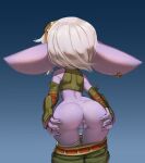 1girl 1girl anus ass ass_grab back barefoot blue_background cleft_of_venus earrings female_focus gekasso goggles goggles_on_head high_res jewelry league_of_legends pants_pull pointy_ears purple_skin pussy riot_games shortstack simple_background tristana white_hair yordle 