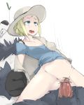  1girl ahegao anal arm_grab bear blonde_hair blue_eyes bottomless censored clothed_sex drooling hat lady_(pokemon) large_insertion moaning motion_lines no_panties npc_trainer off_shoulder open_mouth p_(tidoriashi) pangoro penis pokemon pussy saliva sex simple_background snot spread_legs stomach_bulge straddling tears tongue white_background 