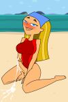 1futa beach blonde_hair blue_eyes blush breasts cum futa_only futanari half-closed_eyes kneel lindsay_(tdi) lindsay_(total_drama) looking_at_viewer navel one-piece_swimsuit penis sitting swimsuit tjlive5 total_drama_island