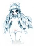  1girl blush breasts dawn emperpep graphite_(medium) hair_ornament hat hikari_(pokemon) hips long_hair looking_at_viewer mixed_media monochrome naked_scarf naked_thighhighs navel nipples nude pokemon pussy scarf signature simple_background solo spot_color sweatband thigh_gap thighhighs traditional_media uncensored white_background wide_hips wristband 
