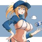  1girl artoria_pendragon baseball_cap bikini blonde_hair blue_eyes blush breasts can fate/grand_order fate_(series) hair_between_eyes hand_on_hip hat large_breasts looking_at_viewer mysterious_heroine_x navel open_mouth outside_border shrug_(clothing) side-tie_bikini sidelocks simple_background stomach swimsuit white_bikini 