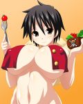 1girl belly black_hair bottomless breasts erect_nipples female_only food fork genderswap genderswap_(mtf) hair huge_breasts konno_tohiro luffyko midriff monkey_d._luffy navel one_piece open_clothes open_shirt open_vest orange_background qc salad scar shirt short_hair simple_background smile solo vest