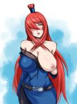  1girl black_beat blush breast_slip breasts green_eyes hair_over_one_eye huge_breasts long_hair mei_terumi mizukage naruto naruto_shippuden nipples one_breast_out photoshop red_hair solo standing topknot 