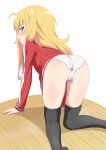  1girl 1girl ahoge all_fours ass black_thighhighs blonde_hair blue_eyes blush commentary gabriel_dropout gabriel_tenma_white high_res jacket long_hair looking_at_viewer looking_back no_pants official_style on_floor panties pee_stain sincos stained_panties stockings track_jacket underwear white_background white_panties 