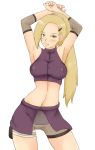  1girl armpits arms_up bandage bare_shoulders bike_shorts blonde_hair blush breasts buttons crop_top earrings elbow_pads erect_nipples fishnets green_eyes hair_ornament hairclip halterneck high_ponytail ino_yamanaka jewelry long_hair looking_at_viewer midriff momo_765 naruto naruto_shippuuden ninja nipples ponytail pouch rirakukan scrunchie simple_background skirt smile solo solo_female standing turtleneck white_background 