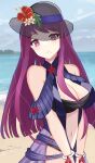  1girl 1girl absurd_res alluring bandeau bare_shoulders big_breasts black_headwear blue_one-piece_swimsuit blue_sky breasts cleavage cloud commentary_request day fire_emblem fire_emblem_engage fire_emblem_heroes flower hat hat_flower high_res ivy_(fire_emblem) long_hair looking_at_viewer n_54 navel nintendo ocean official_alternate_costume one-piece_swimsuit outside purple_eyes purple_hair red_flower see-through sky stomach swimsuit upper_body v_arms very_long_hair water white_flower 