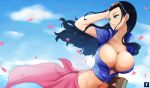  big_breasts black_hair blue_eyes blue_jacket book cleavage clothed clouds hand_in_own_hair long_hair midriff nico_robin one_piece pink_skirt sakura_petals sunglasses_on_head wind 
