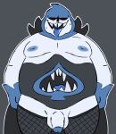 1boy anthro balls belly big_belly blue_nipples blue_tongue bodily_fluids bottomwear clothed clothing darkner deltarune deltarune_chapter_1 fishnet_legwear fishnet_stockings fishnet_thighhighs flaccid genitals grey_background high_res hood humanoid king_spade male male/male male_only mature_anthro mature_male monster moobs nipples overweight overweight_male partially_clothed penis simple_background slightly_chubby smut_leo solid_color_background solo solo_male sweat tongue_out undertale_(series) video_games white_body