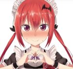 1girl bat_hair_ornament black_ribbon blush closed_mouth commentary_request fang gabriel_dropout greatmosu hair_ornament heart heart_hands looking_at_viewer maid maid_headdress red_eyes red_hair ribbon satanichia_kurumizawa_mcdowell sfw smile sweat twin_tails v-shaped_eyebrows white_background
