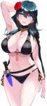  1girl 1girl :d absurd_res alluring arm_up belt big_breasts bikini black_belt black_bikini black_cape blue_eyes breasts byleth_(female) byleth_(fire_emblem) byleth_(fire_emblem)_(female) byleth_(summer)_(fire_emblem)_(female) cape cleavage commentary_request cowboy_shot dagger fire_emblem fire_emblem:_three_houses fire_emblem_heroes flower groin hair_between_eyes hair_flower hair_ornament hibiscus high_res knife long_hair looking_at_viewer lower_teeth_only navel nintendo official_alternate_costume open_mouth red_flower sheath sheathed simple_background single_bare_shoulder smile standing stomach swimsuit tassel teal_hair teeth tetsuji_(i_ttj_f_c) thigh_gap weapon white_background wristband 