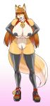 1girl big_ass big_breasts brown_hair cute fox fugubarakun platform_shoes posing seductive tail yellow_fur