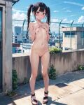  1girl ai_generated black_hair blue_eyes completely_nude embarrassed female_only looking_at_viewer mound_of_venus nipples nude_female out_of_frame outside shaved_pussy small_breasts twin_tails 