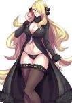  1girl 1girl alluring big_breasts black_coat black_panties blonde_hair breasts brown_thighhighs clash_kuro_neko cleavage coat commentary_request creatures_(company) cynthia cynthia_(pokemon) fur-trimmed_sleeves fur_collar fur_trim game_freak grey_eyes hair_ornament hair_over_one_eye hand_up high_res holding holding_poke_ball long_hair navel nintendo open_mouth panties poke_ball poke_ball_(basic) pokemon pokemon_(game) pokemon_dppt shirona_(pokemon) stockings stomach underwear very_long_hair wide_hips 