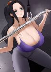  black_hair blue_eyes cleavage exercise_machine female_focus gym_clothes large_breasts nico_robin one_piece ponytail solo_female sunglasses_on_head sweat 