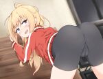 1girl 1girl absurd_res ass bike_shorts black_shorts blonde_hair blue_eyes blush from_behind gabriel_dropout gabriel_tenma_white high_res jacket legs_apart long_hair looking_back myauchuchu open_mouth ponytail presenting red_jacket shorts smile thighs track_jacket