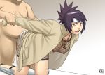  1boy 1girl ambiguous_penetration angry anko_mitarashi arm_grab arm_held_back artist_name azasuke_wind brown_eyes clothed_female_nude_male doggy_position fat_man fishnet_bodysuit fishnets forced from_behind jewelry naruto necklace rape restrained sex solo_focus 