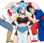  1girl 1girl big_breasts big_breasts black_hair blue_hair breasts bulchi bulma_brief chichi cleavage clothing crop_top dragon_ball female_only fusion hazama_null huge_breasts light-skinned_female light_skin looking_at_viewer pants shounen_jump two_tone_hair 