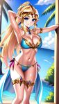  1girl alluring alternate_hairstyle arm_behind_head beach big_breasts bikini blonde_hair blue_bikini blue_eyes cleavage female_only high_res legs looking_at_viewer mistress_aipro mouth_hold navel nintendo ocean pointy_ears ponytail pose posing princess princess_zelda sarong sensual smile sweat the_legend_of_zelda thighs water zengai 