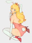  1_girl 1girl ass blonde blonde_hair blue_eyes bunny_ears bunny_girl bunny_tail bunnysuit earrings elbow_gloves female female_only gloves high_heels jivke leotard long_blonde_hair long_gloves long_hair looking_at_viewer partially_clothed pink_suit princess_peach solo stockings 