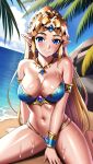 1girl alluring alternate_hairstyle beach big_breasts bikini blonde_hair blue_bikini blue_eyes cleavage female_only high_res legs looking_at_viewer mistress_aipro mouth_hold navel nintendo ocean pointy_ears ponytail pose posing princess princess_zelda sarong sensual sitting smile sweat the_legend_of_zelda thighs water zengai