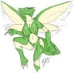 2010 abstract_background angel-of-audunn blue_eyes blush breasts claws female green insect nipples plain_background pokemon praying_mantis pussy scyther simple_background solo white_background wings