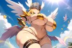 1girl ai_generated angel_wings angewomon big_breasts blush cleavage digimon_adventure helmet navel sky voluptuous_female 