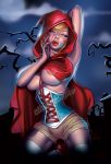 1girl big_breasts breasts elias_chatzoudis fairy_tales female female_only huge_breasts little_red_riding_hood little_red_riding_hood_(copyright) outside solo watermark