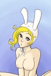 1girl adventure_time animal_hat blonde_hair blue_eyes breasts bunny_ears female fionna_the_human nipples simple_background solo 